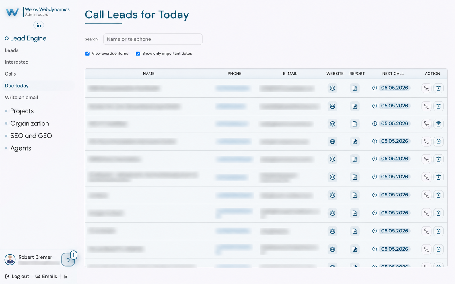 Overview of leads due today